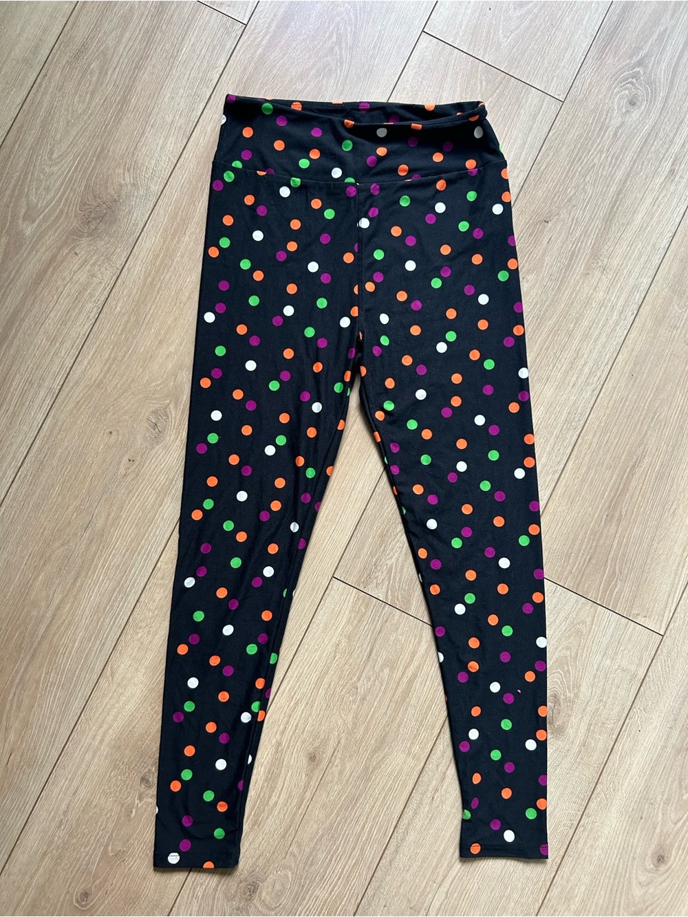 LuLaRoe Black Leggings with Orange, Green, Purple & White Polka Dots
